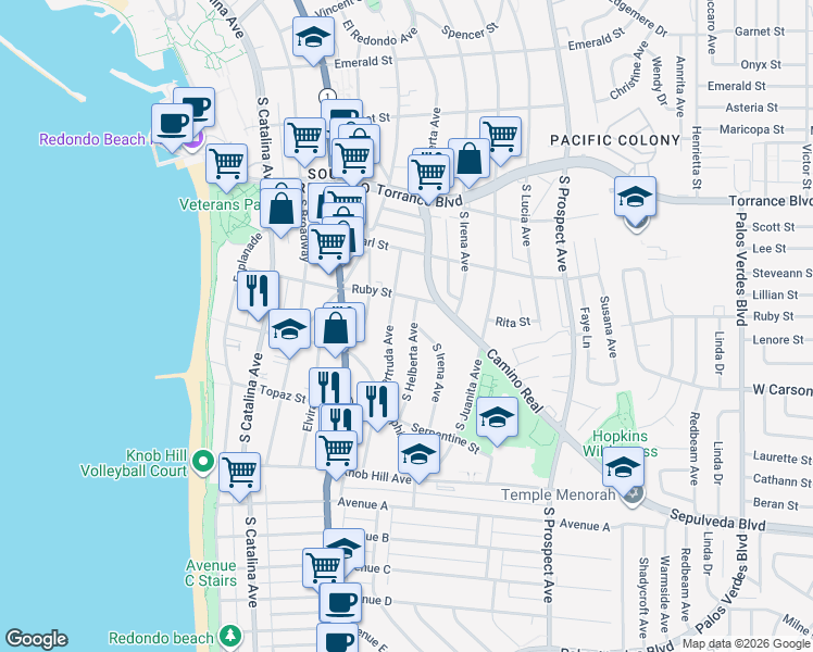 map of restaurants, bars, coffee shops, grocery stores, and more near 506 South Gertruda Avenue in Redondo Beach