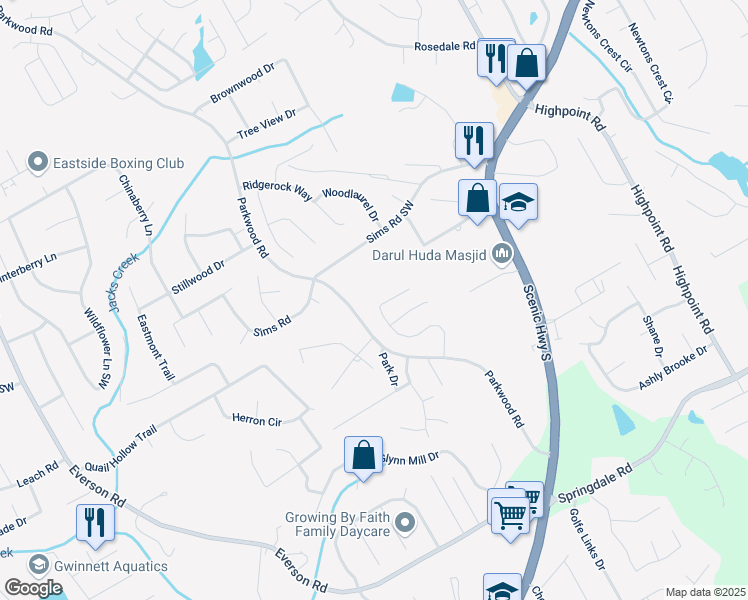 map of restaurants, bars, coffee shops, grocery stores, and more near 2829 Rusticwood Drive Southwest in Snellville