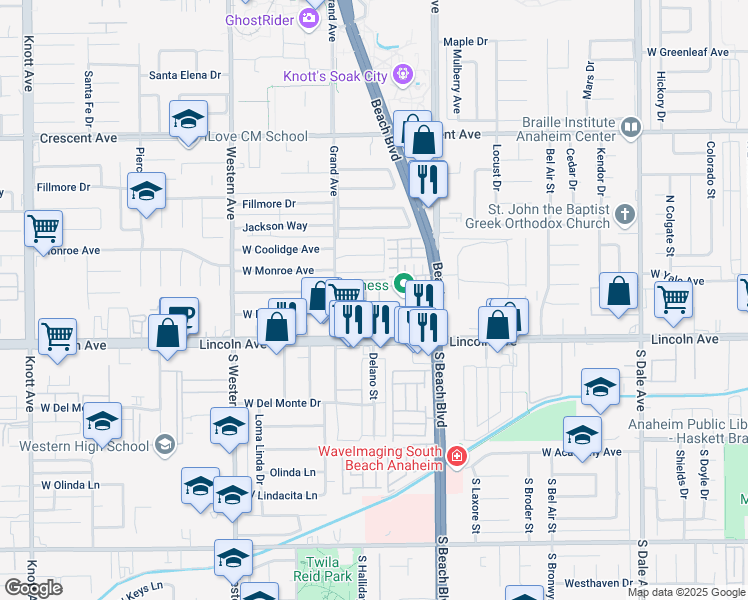 map of restaurants, bars, coffee shops, grocery stores, and more near 205 Santa Maria Street in Anaheim