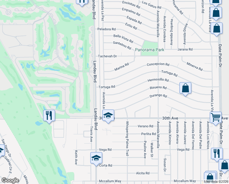 map of restaurants, bars, coffee shops, grocery stores, and more near 68115 Tortuga Road in Cathedral City