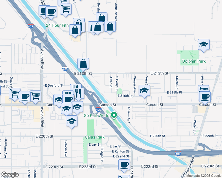 map of restaurants, bars, coffee shops, grocery stores, and more near 21302 Alvar Place in Carson