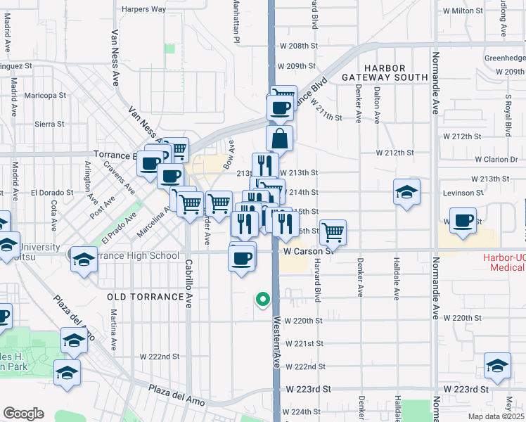 map of restaurants, bars, coffee shops, grocery stores, and more near 21515 California 213 in Torrance