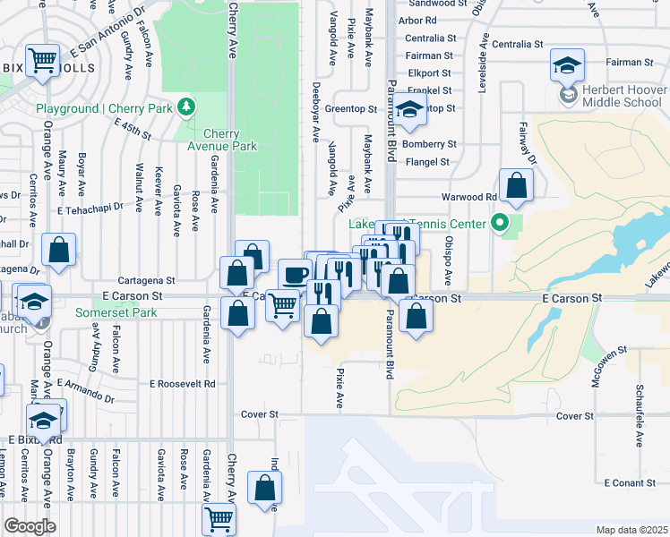 map of restaurants, bars, coffee shops, grocery stores, and more near 4202 Pixie Avenue in Lakewood