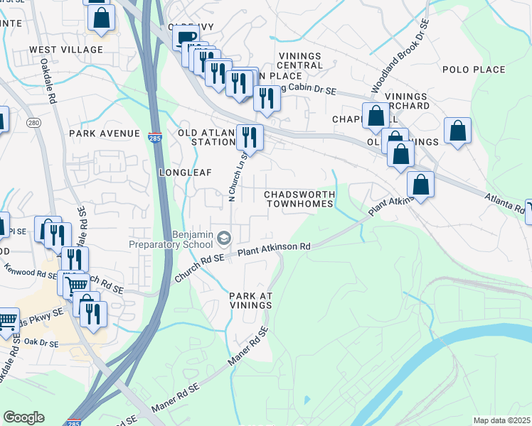 map of restaurants, bars, coffee shops, grocery stores, and more near 4888 Colchester Court in Atlanta