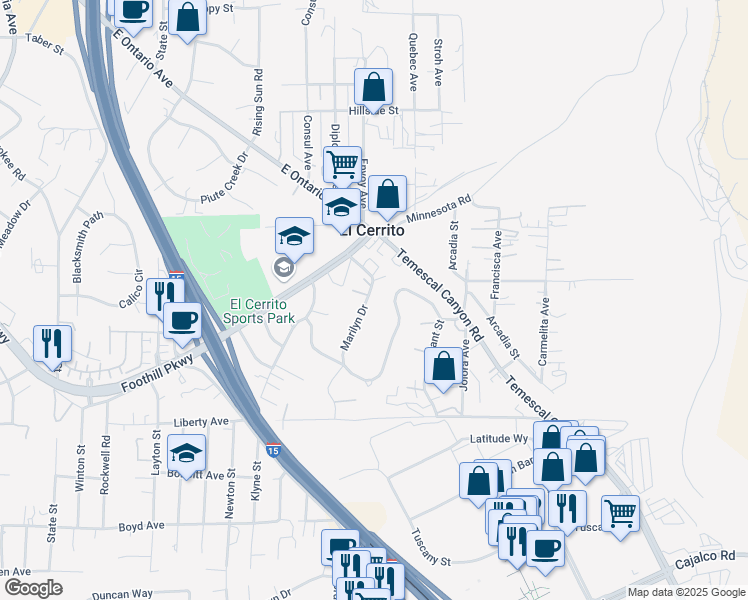 map of restaurants, bars, coffee shops, grocery stores, and more near 7350 Marilyn Drive in Corona