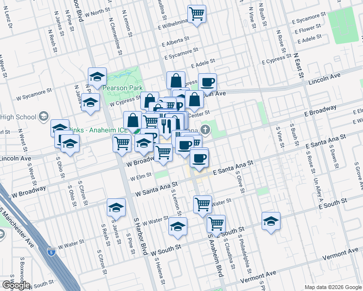 map of restaurants, bars, coffee shops, grocery stores, and more near 5 West Broadway in Anaheim