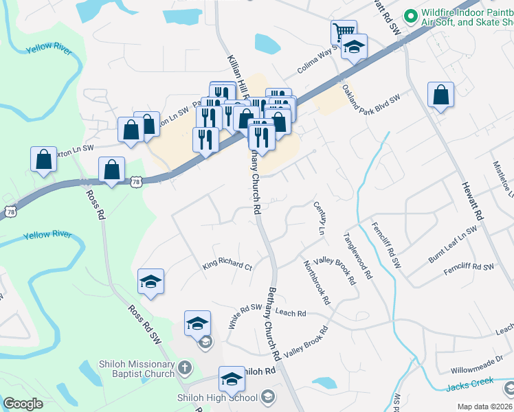 map of restaurants, bars, coffee shops, grocery stores, and more near 2312 Bethany Church Road in Snellville