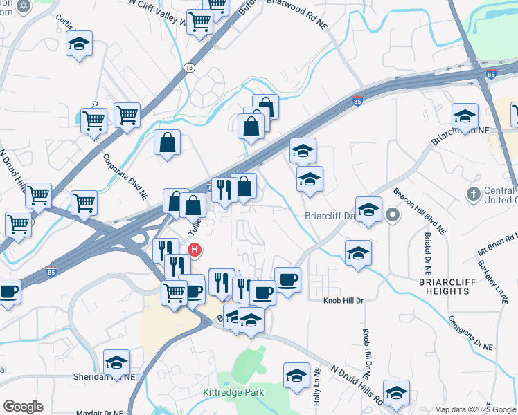map of restaurants, bars, coffee shops, grocery stores, and more near 4002 Westchester Ridge Northeast in Atlanta