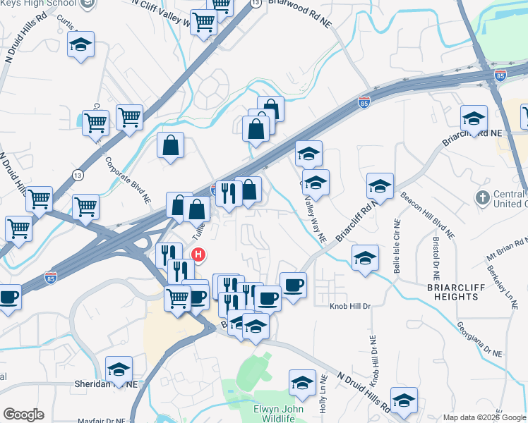 map of restaurants, bars, coffee shops, grocery stores, and more near 1597 Northeast Expressway Northeast in Atlanta