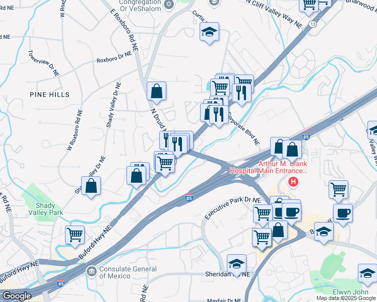 map of restaurants, bars, coffee shops, grocery stores, and more near 1484 North Druid Hills Road Northeast in Atlanta