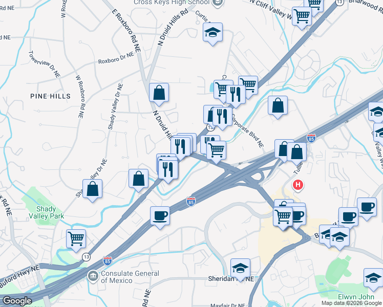 map of restaurants, bars, coffee shops, grocery stores, and more near 2945 Buford Highway Northeast in Atlanta