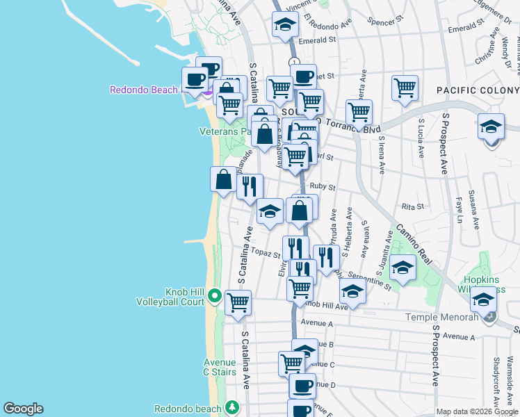 map of restaurants, bars, coffee shops, grocery stores, and more near 518 South Catalina Avenue in Redondo Beach