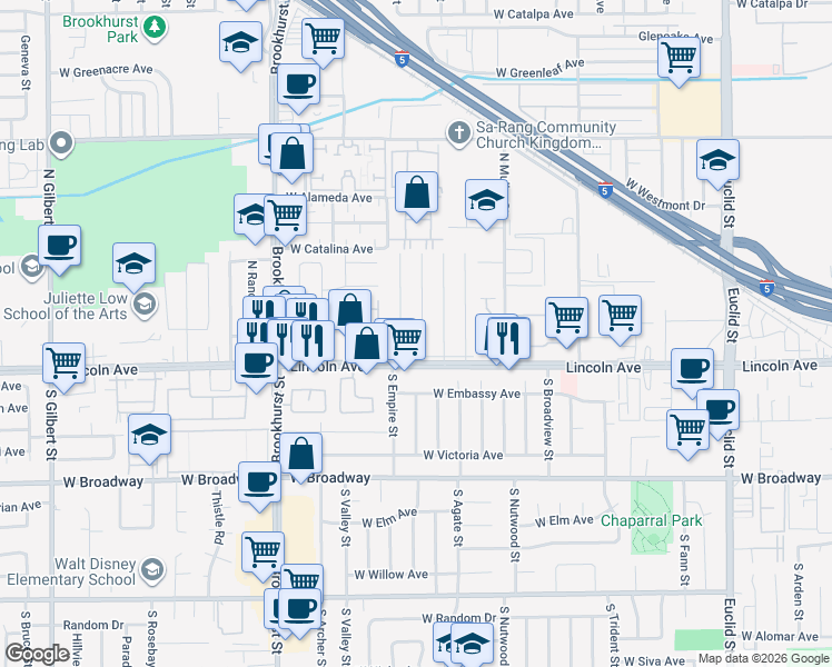 map of restaurants, bars, coffee shops, grocery stores, and more near 202 North Aladdin Drive in Anaheim