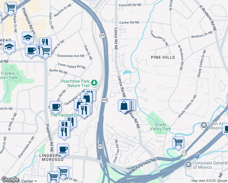 map of restaurants, bars, coffee shops, grocery stores, and more near 2914 Lenox Road Northeast in Atlanta
