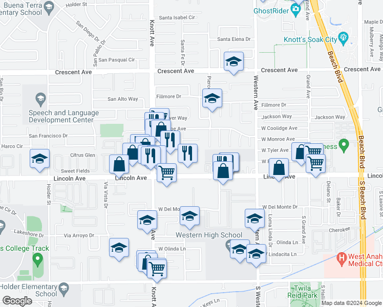 map of restaurants, bars, coffee shops, grocery stores, and more near 7196 Harding Circle in Buena Park