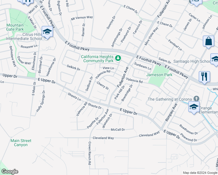 map of restaurants, bars, coffee shops, grocery stores, and more near 737 Cherry Street in Corona