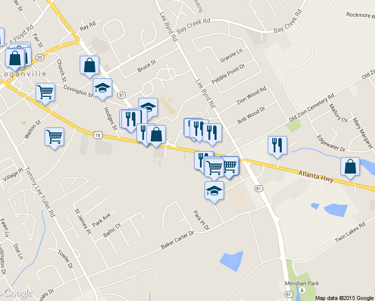 map of restaurants, bars, coffee shops, grocery stores, and more near 5357 Highway 81 in Loganville