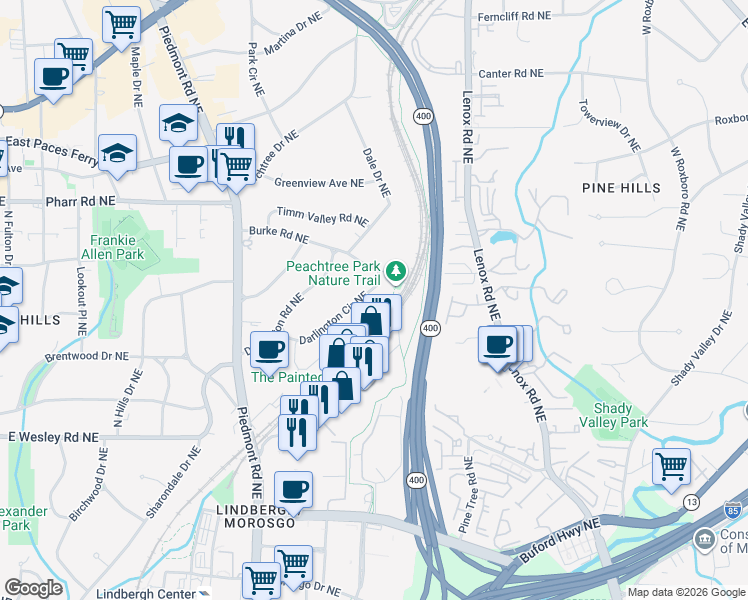 map of restaurants, bars, coffee shops, grocery stores, and more near 731 Darlington Cir NE in Atlanta
