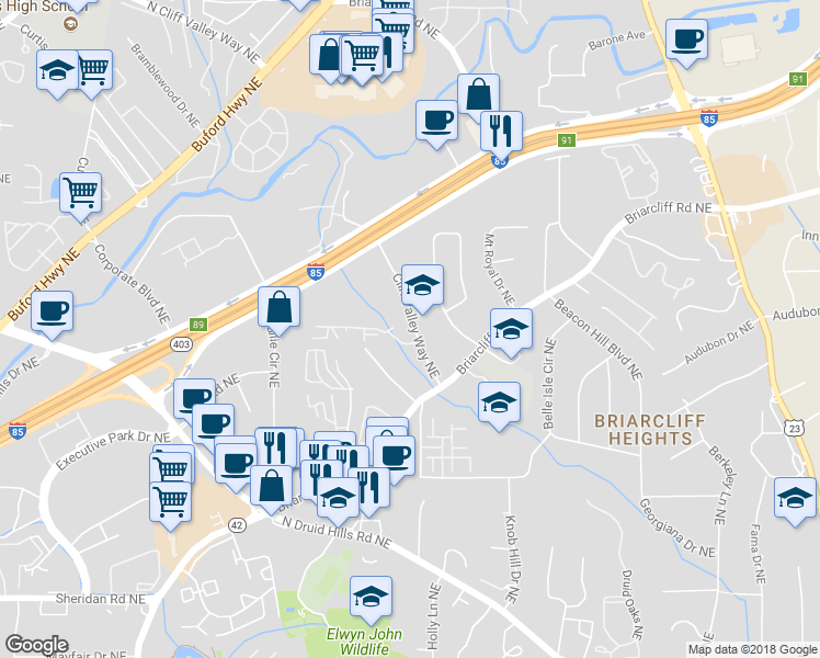 map of restaurants, bars, coffee shops, grocery stores, and more near 1401 Westchester Ridge Northeast in Atlanta