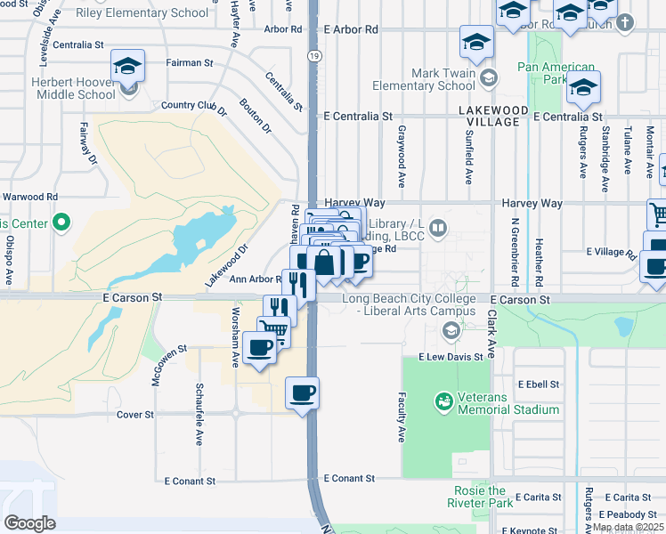 map of restaurants, bars, coffee shops, grocery stores, and more near 4213 Pepperwood Avenue in Long Beach