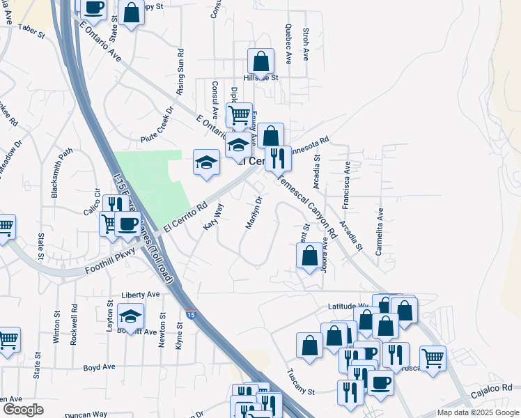 map of restaurants, bars, coffee shops, grocery stores, and more near 7350 Marilyn Drive in Corona