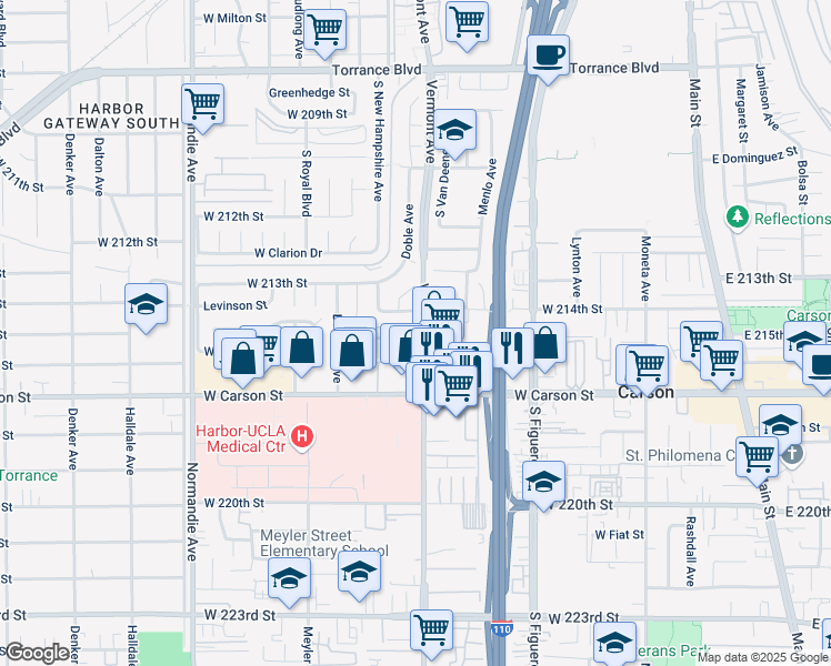 map of restaurants, bars, coffee shops, grocery stores, and more near 21415 South Vermont Avenue in Torrance