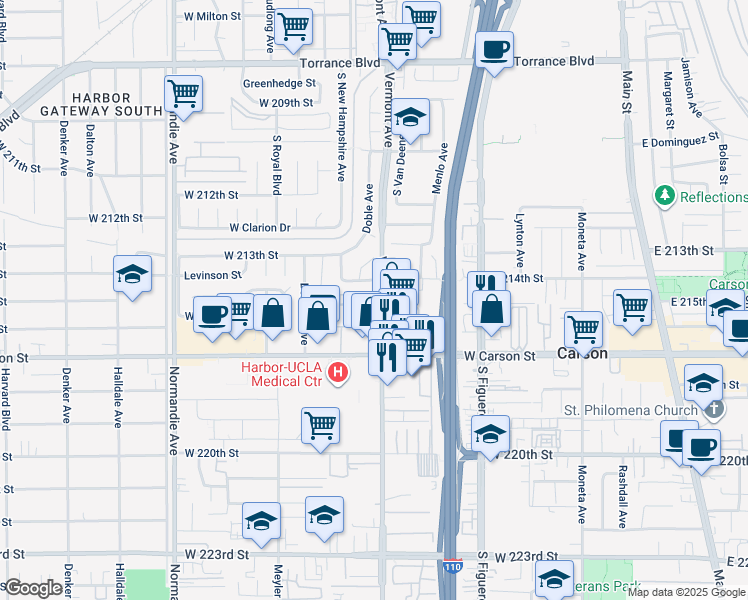 map of restaurants, bars, coffee shops, grocery stores, and more near 21415 South Vermont Avenue in Torrance