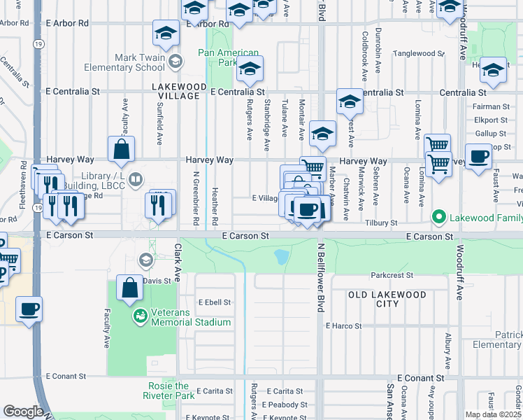 map of restaurants, bars, coffee shops, grocery stores, and more near 5315 East Greenmeadow Road in Long Beach