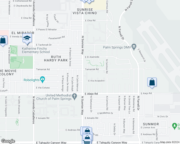 map of restaurants, bars, coffee shops, grocery stores, and more near 755 North Madrid Circle in Palm Springs