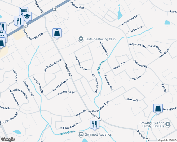map of restaurants, bars, coffee shops, grocery stores, and more near 2573 Mistletoe Lane Southwest in Snellville