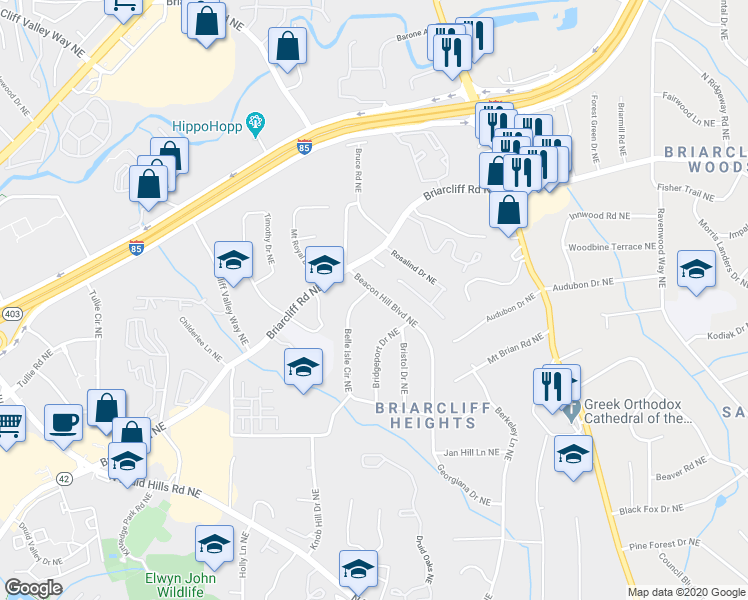 map of restaurants, bars, coffee shops, grocery stores, and more near 1788 Beacon Hill Boulevard Northeast in Atlanta