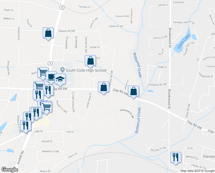 map of restaurants, bars, coffee shops, grocery stores, and more near 1680 Clay Road Southwest in Mableton