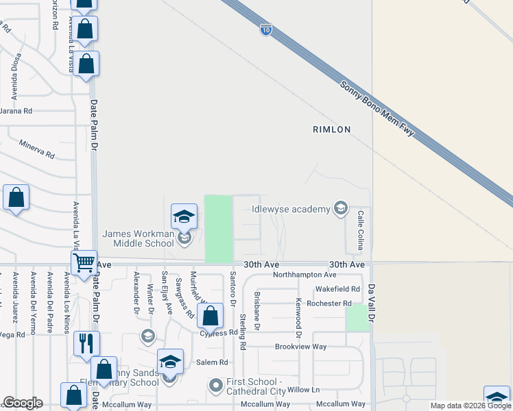 map of restaurants, bars, coffee shops, grocery stores, and more near 69596 Anza Court in Cathedral City