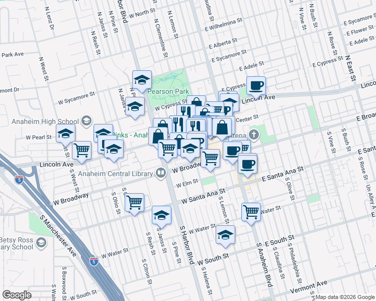 map of restaurants, bars, coffee shops, grocery stores, and more near 306 West Center Street Promenade in Anaheim