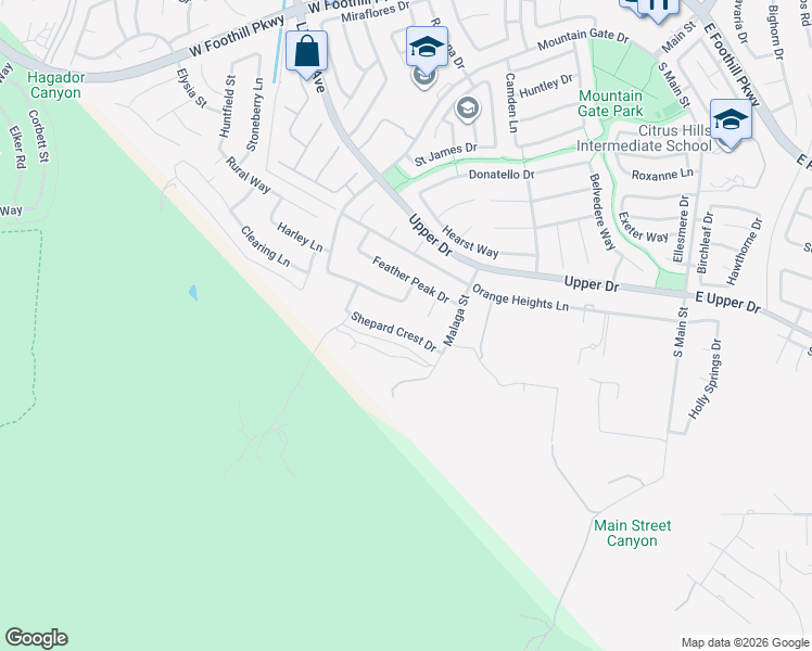 map of restaurants, bars, coffee shops, grocery stores, and more near 3795 Hilgard Street in Corona
