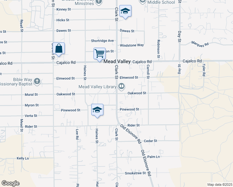 map of restaurants, bars, coffee shops, grocery stores, and more near 21580 Oakwood Street in Perris