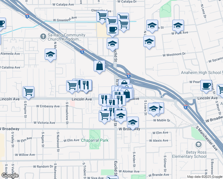 map of restaurants, bars, coffee shops, grocery stores, and more near 313 N Euclid Way in Anaheim
