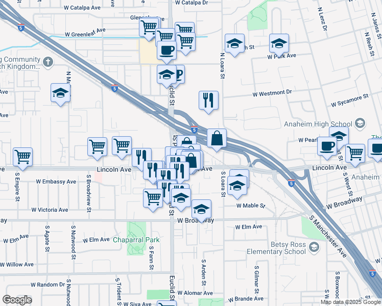 map of restaurants, bars, coffee shops, grocery stores, and more near 1649 West Lincoln Avenue in Anaheim