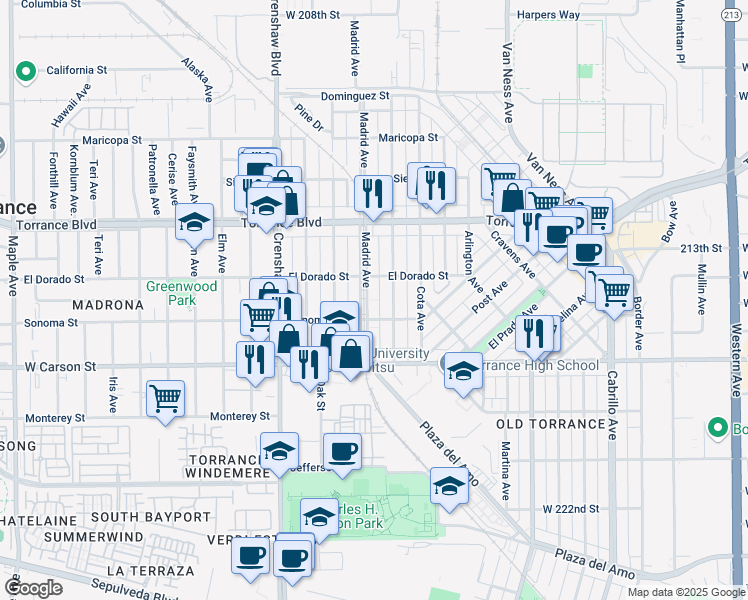 map of restaurants, bars, coffee shops, grocery stores, and more near 1414 Madrid Avenue in Torrance