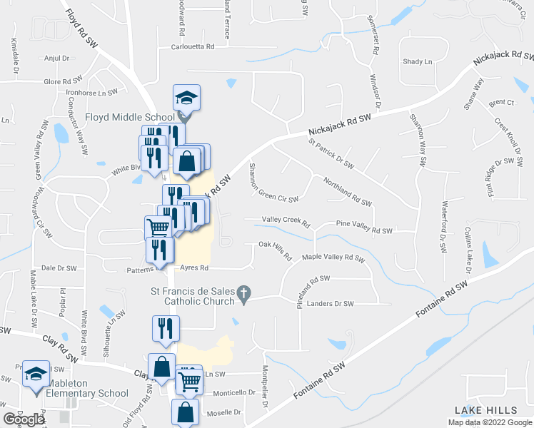 map of restaurants, bars, coffee shops, grocery stores, and more near 510 Valley Creek Road in Mableton