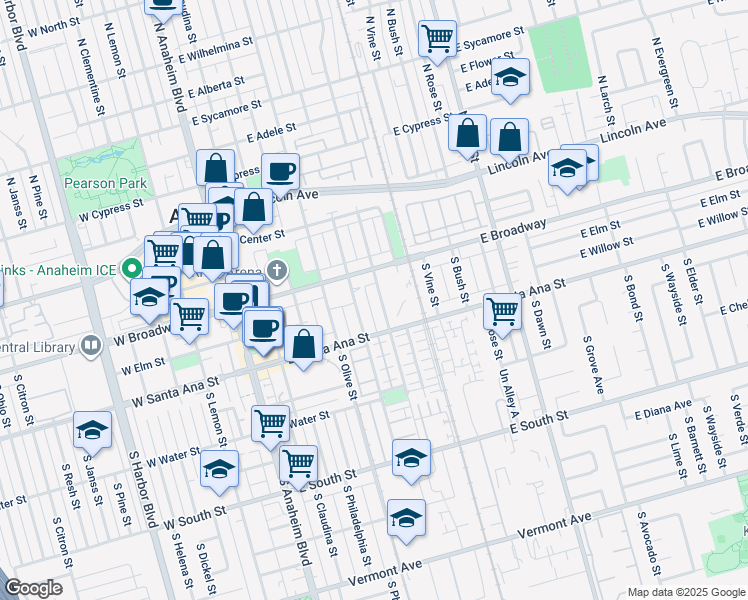 map of restaurants, bars, coffee shops, grocery stores, and more near 313 South Kroeger Street in Anaheim