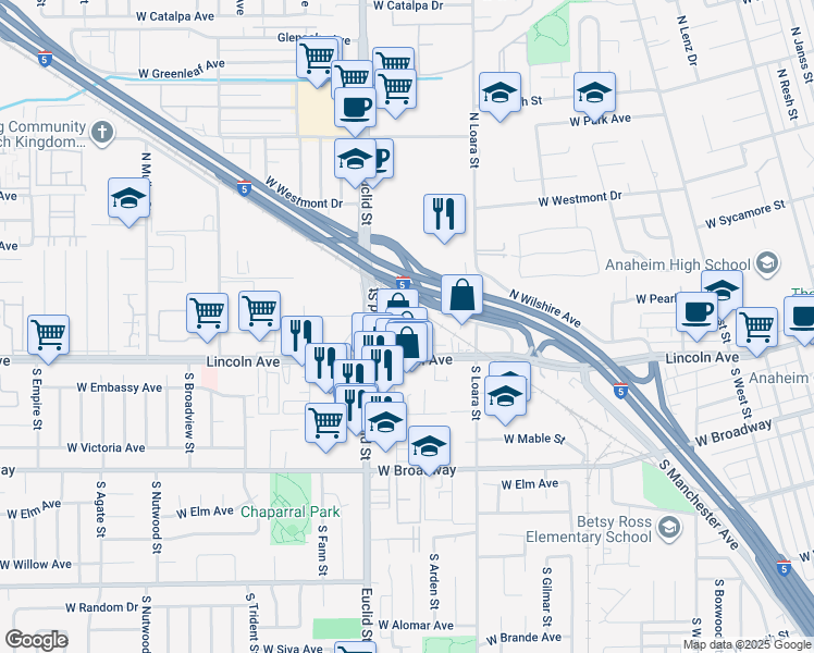 map of restaurants, bars, coffee shops, grocery stores, and more near 100-418 Euclid Street in Anaheim