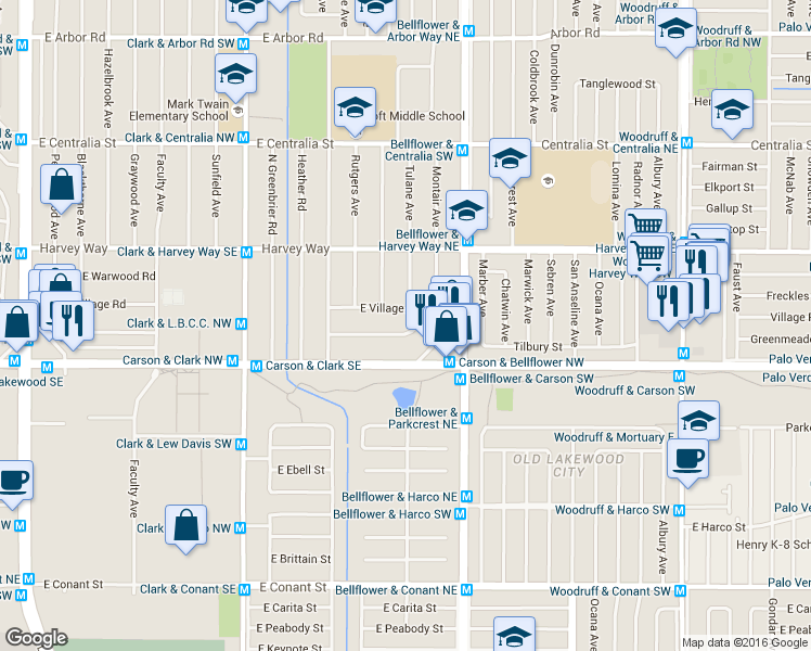 map of restaurants, bars, coffee shops, grocery stores, and more near 5342 East Village Road in Long Beach