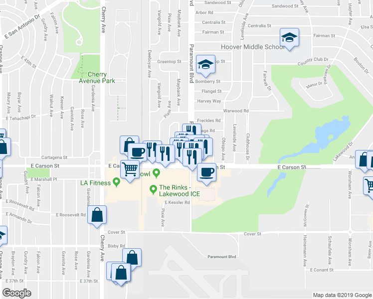 map of restaurants, bars, coffee shops, grocery stores, and more near 4203 Maybank Avenue in Lakewood