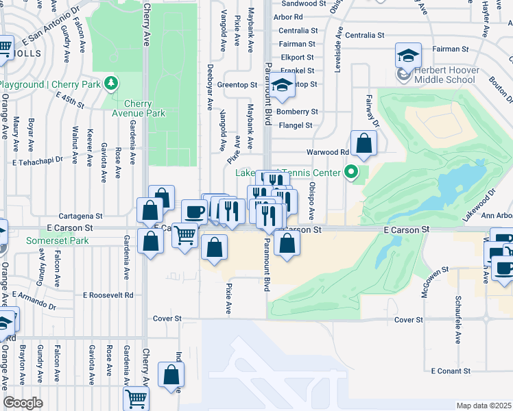 map of restaurants, bars, coffee shops, grocery stores, and more near 4203 Maybank Avenue in Lakewood