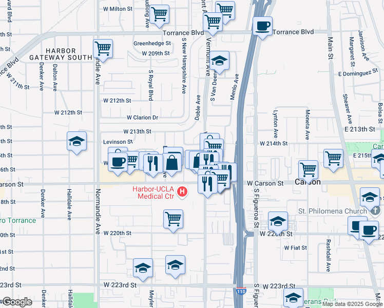 map of restaurants, bars, coffee shops, grocery stores, and more near 932 West 214th Street in Torrance
