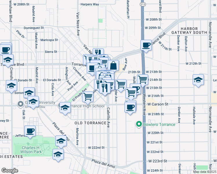 map of restaurants, bars, coffee shops, grocery stores, and more near 1420 Cabrillo Avenue in Torrance