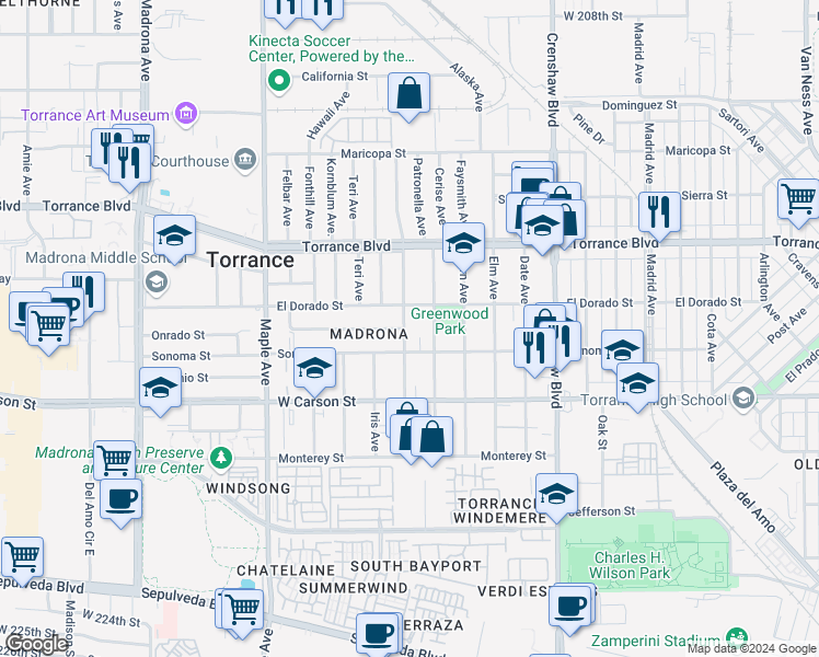 map of restaurants, bars, coffee shops, grocery stores, and more near 2756 El Dorado Street in Torrance