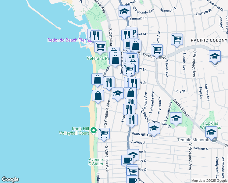 map of restaurants, bars, coffee shops, grocery stores, and more near 518 South Catalina Avenue in Redondo Beach