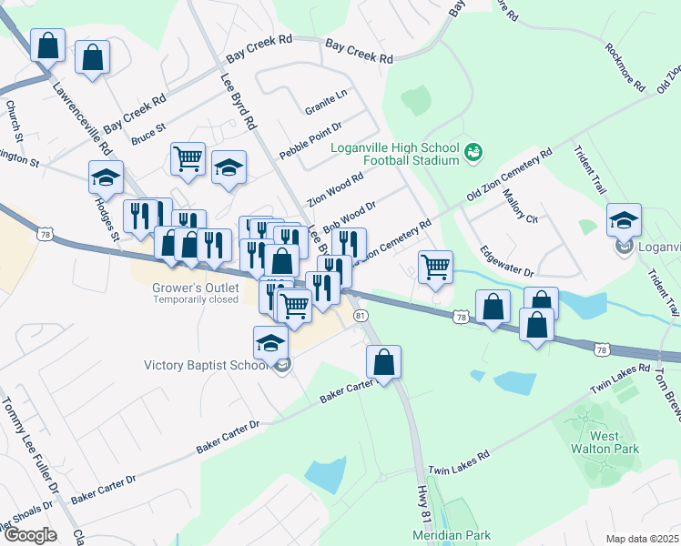 map of restaurants, bars, coffee shops, grocery stores, and more near Old Zion Cemetery Road in Loganville